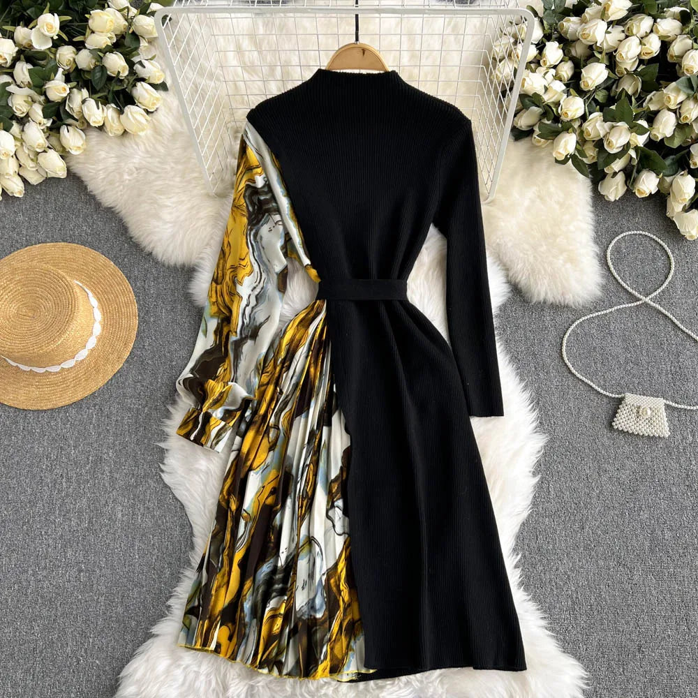 Elegant Chic Print Patchwork Knit Dress French Long Sleeve Party A-line Vestidos High Waist Basic Slim Women Autumn Winter Dress