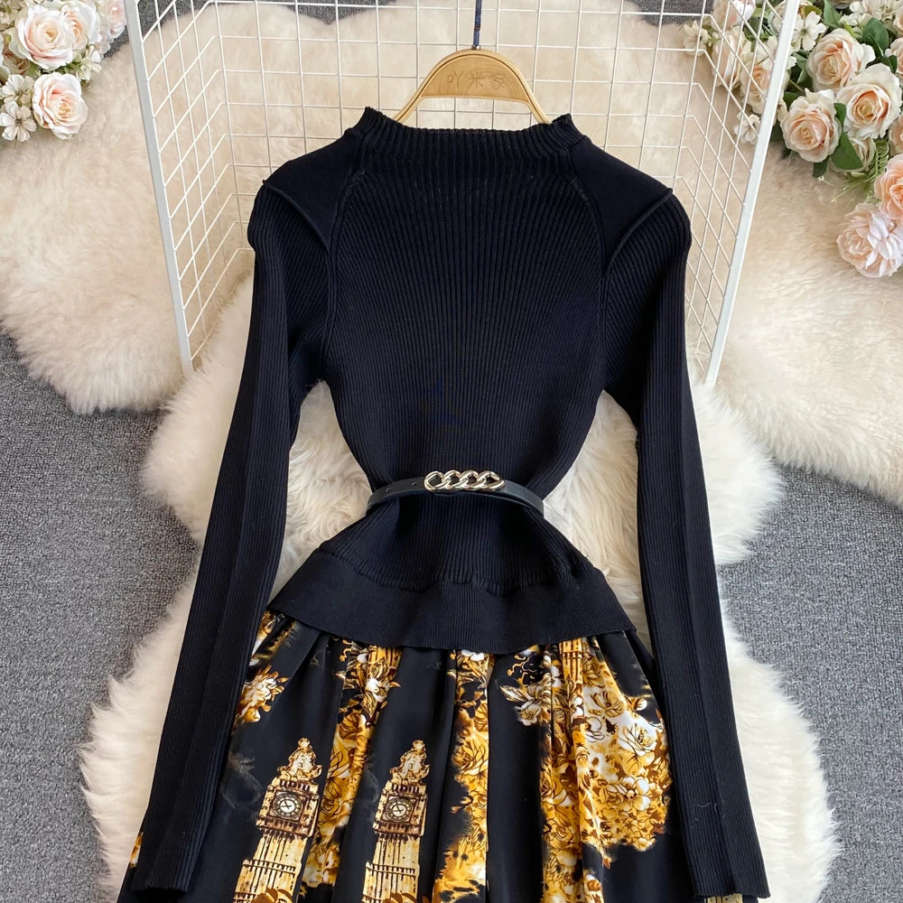 Women Chic Long Sleeve Stand Collar Patchwork A-line Dress Vintage Korean Fashion Knit Vestido Elegant Autumn Winter Knitwear
