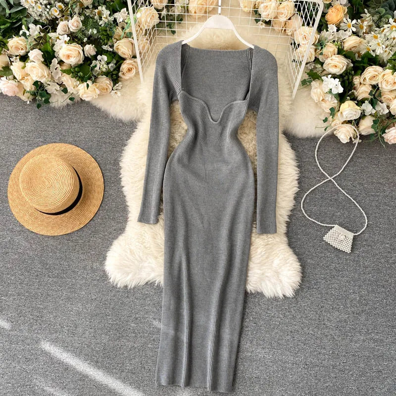 Women Long Sleeve Sexy Bodycon Dress with slit Vintage French Fashion Knit v neck Vestidos Basic Tight Elegant Slim Chic Dresses
