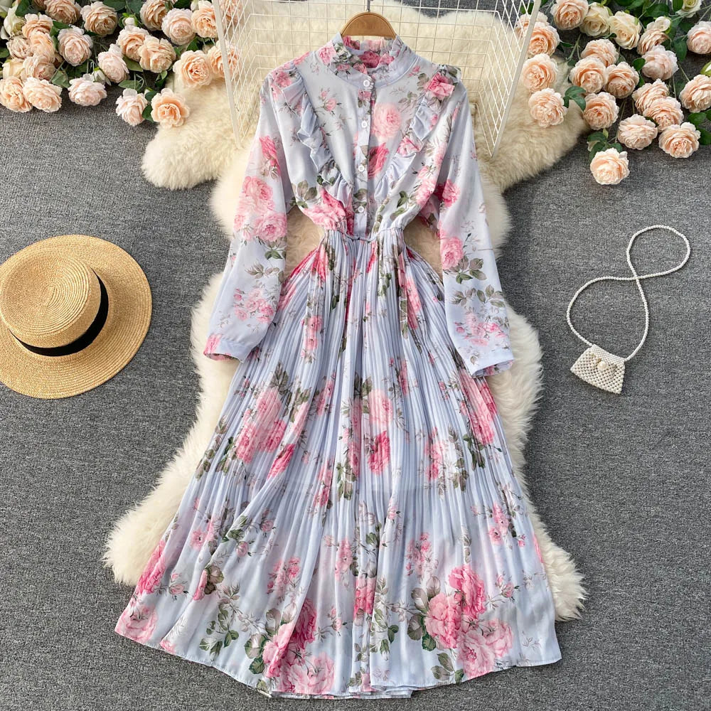 Retro Floral Print Pleated Elegant Chiffon Maxi Dress A-line Fashion Beach Vacation Party Dress Women Summer Spring Vestidos
