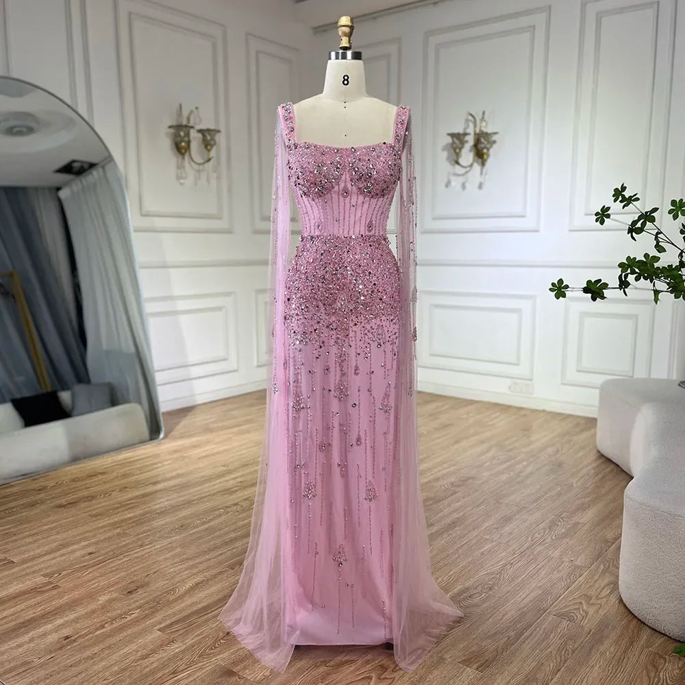 Serene Hill Arabic Gray Mermaid Beaded Luxury Dubai Long Evening Gown with Cape Sleeves Elegant for Women - Party 2024 BLA72592