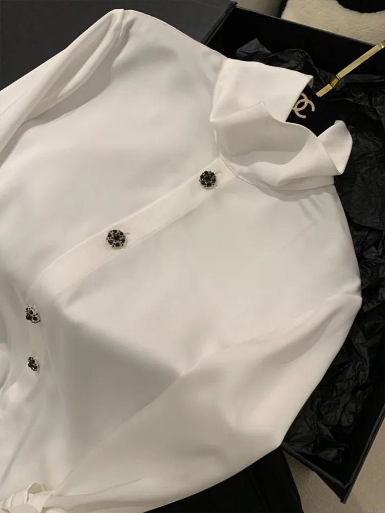 Spring and Autumn New Long sleeved Single breasted Shirt Blouse Women's Palace Style Satin Effect White Shirt with Ribbon Design