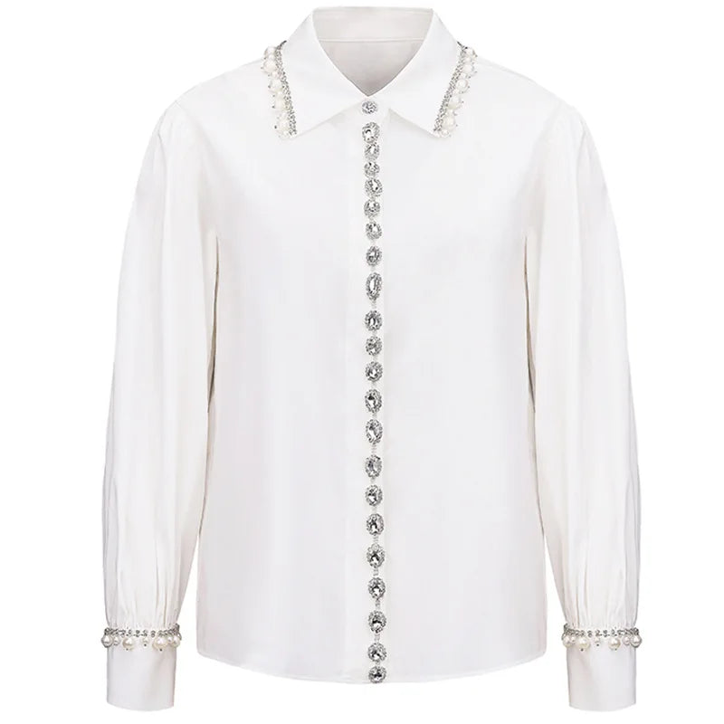 Luxurious Temperament Pearl Diamond Decoration Single breasted Lapel Shirt Blouse Women's Autumn New Elegant White Shirts Top