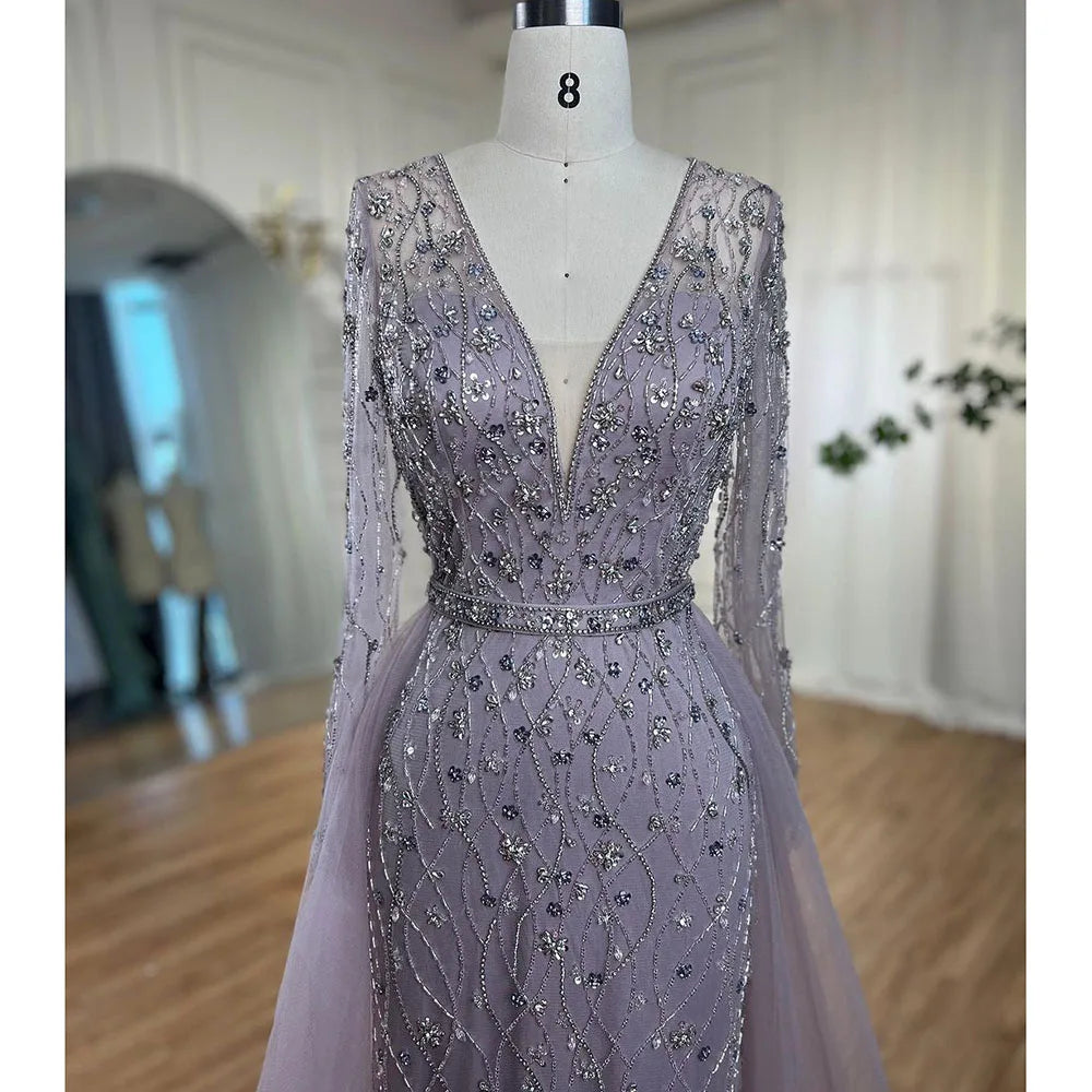 Lilac Long Sleeves Luxury Evening Dresses 2024 Dubai Elegant Diamond Mermaid Beaded Formal Dress Serene Hill LA70341
