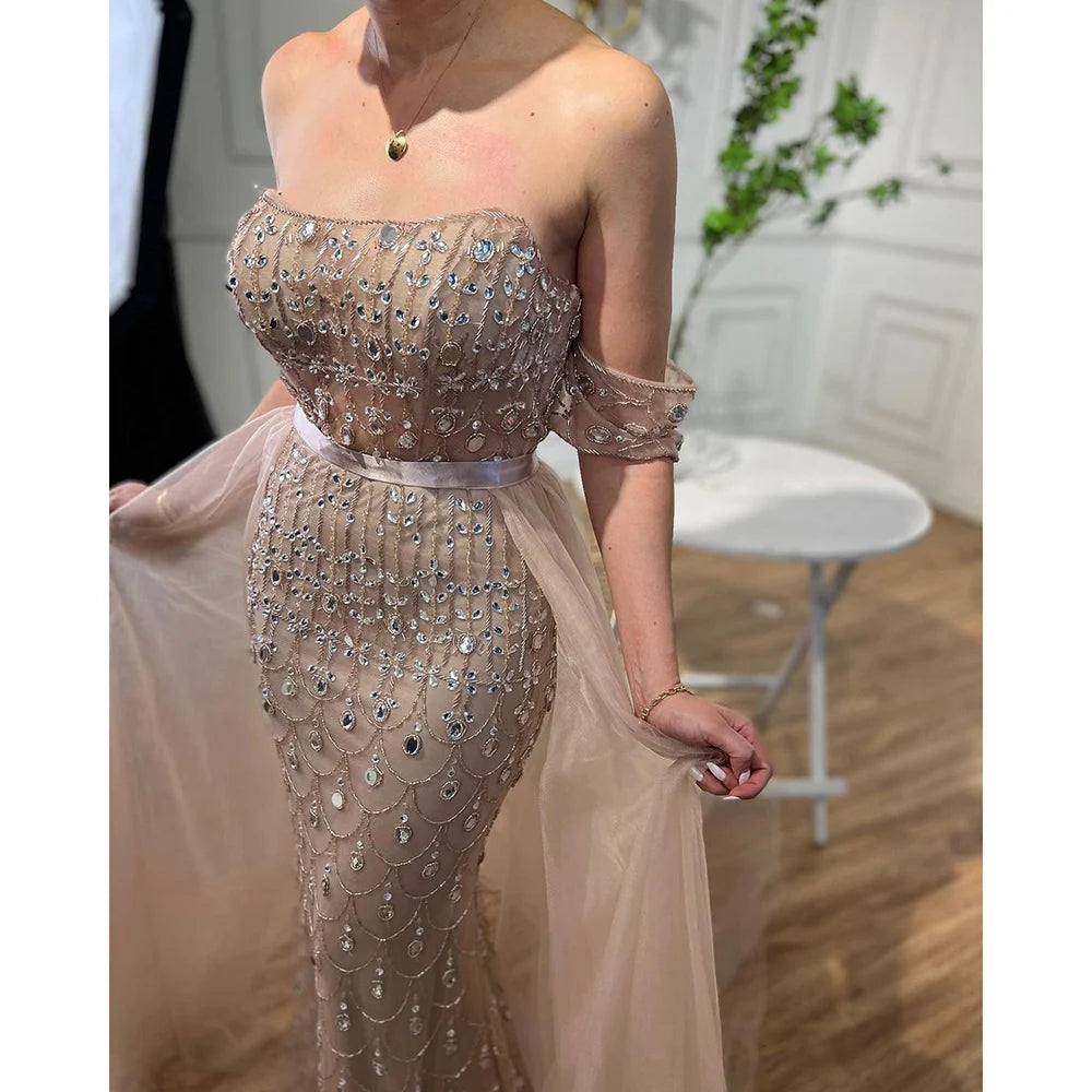 Serene Hill Arabic Caramel Mermaid Strapless With Overskirt Beaded Evening Dresses For Women Wedding Party 2024 LA71922