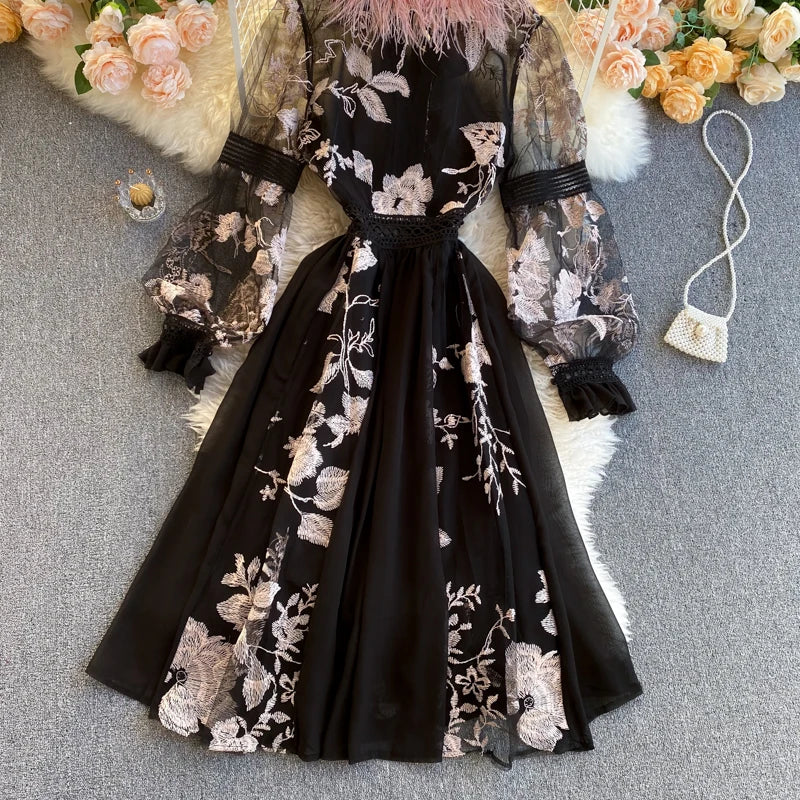 Retro Print Floral Embroidery Elegant Lace Up Dress A-line Long Sleeve Casual O-neck High Waist Dress Women Ceremonial Dress