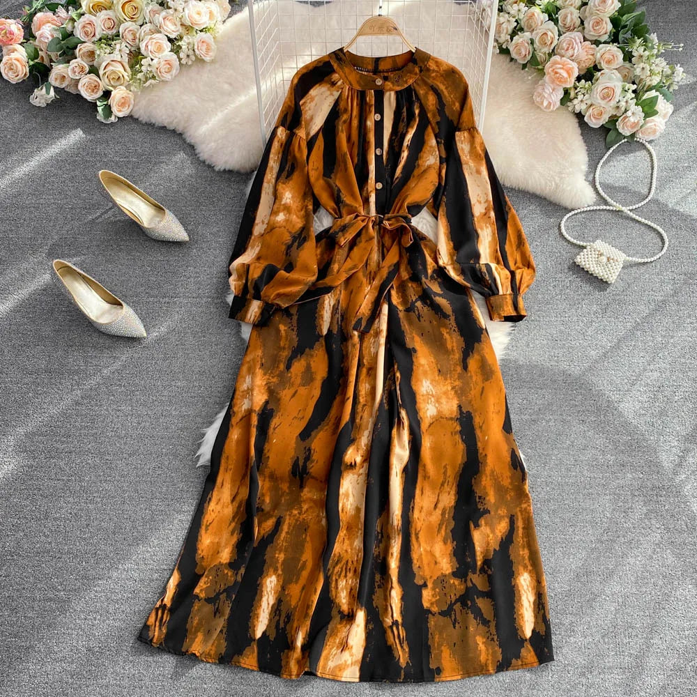 Vintage Women Casual Print Long Party Dress Elegant and Chic A-Line Leopard Prom Birthday Clothes Female Fashion Robe Autumn New