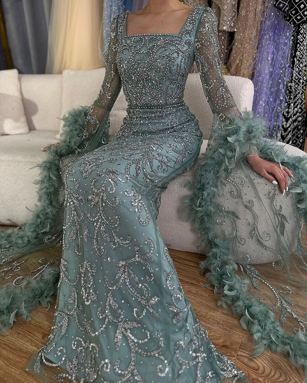 Serene Hill Flared Sleeves Mermaid Peach Beaded Feather Luxury Evening Dresses Gowns For Women's Party 2024 LA72767