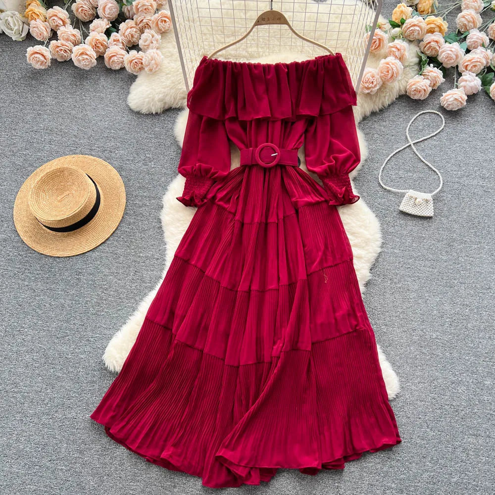 Vintage Pleated Slash Neck Off Shoulder High Waist Dress Long Sleeve Dress Chic Summer Beach Vestidos Women Vacation Sundress