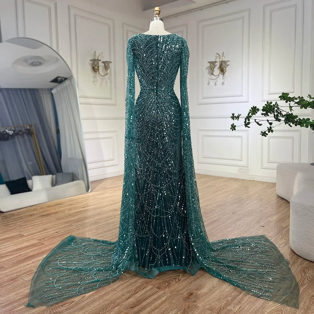 Serene Hill Arabic White Luxury Pearls Beaded Mermaid Cape Sleeves Evening Gowns 2024 For Women Wedding Party LA72160