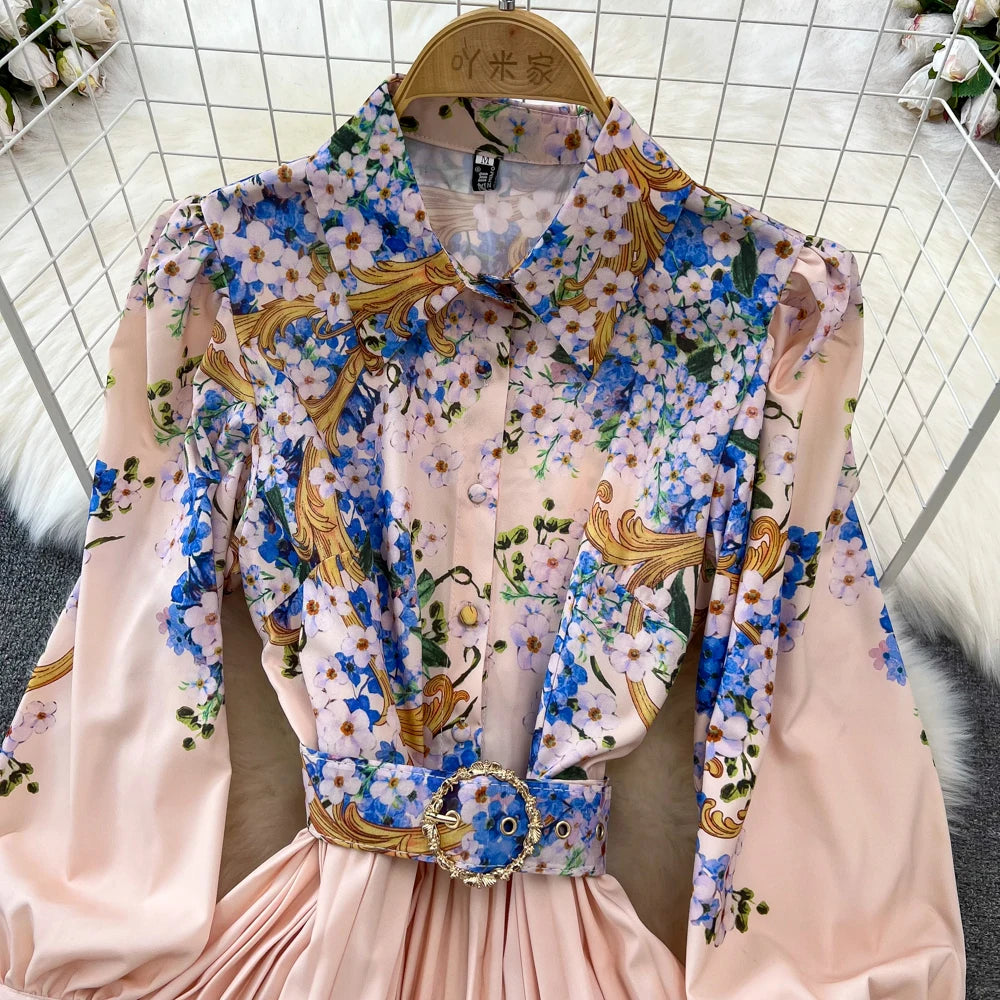 Vintage Print Elegant Lantern Long Sleeve Lapel A-line Dress Casual Women Fashion Autumn Spring Dress