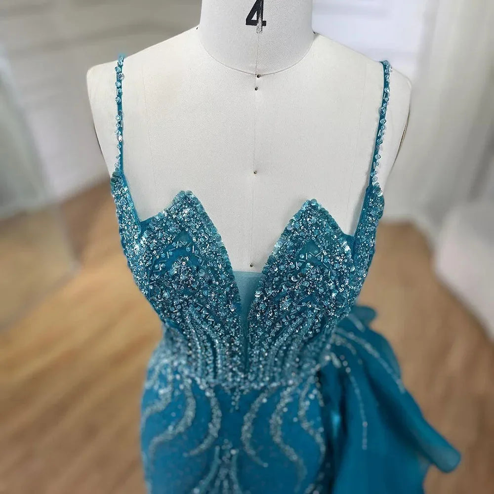 SERENE HILL 2024 Turquoise Spaghetti Strap Luxury Beaded Evening Dresses Mermaid Elegant Overskirt Gown For Women Party GLA72378