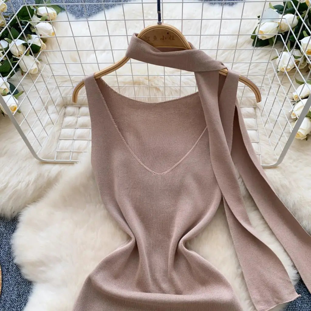 Sexy V-Neck Knitted Mini Dress for Women Elegant Spaghetti Strap Ribbon Slim Dresses One Piece Solid Female Clothes Autumn New