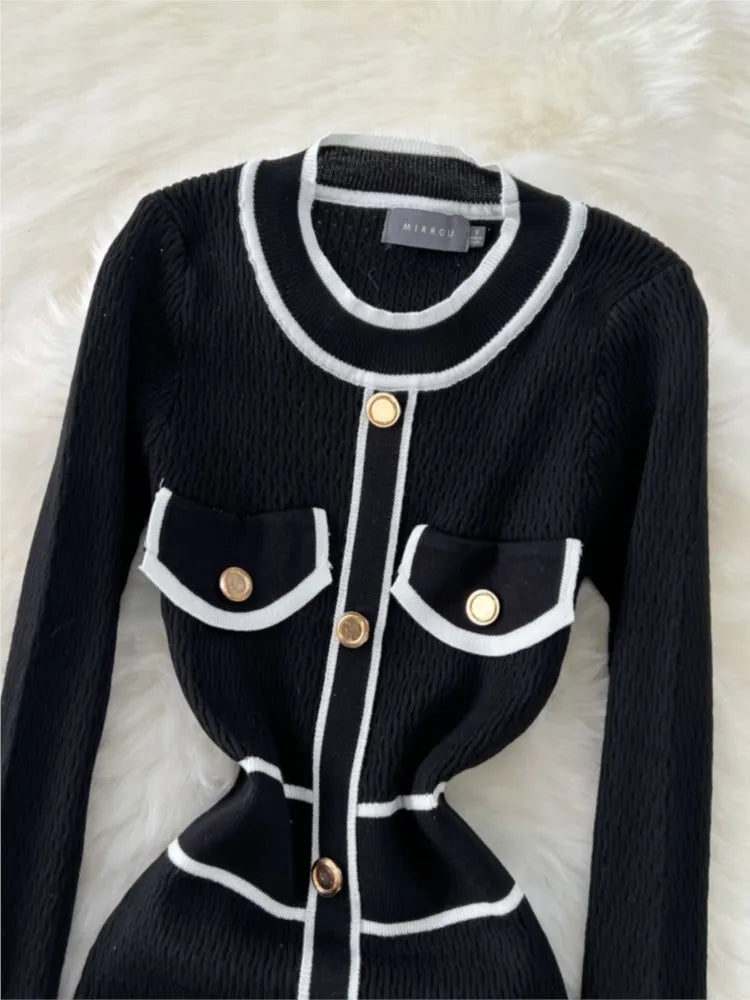 Women Elegant Bodycon Slim Party Knitted Dress Long Sleeve O-Neck Vintage Chic Prom Birthday Vestidos Autumn Female Long Robe