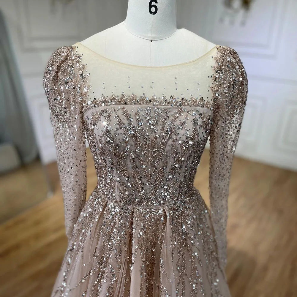 Serene Hill Muslim Pink A Line Beaded Luxury Dubai Long Evening Dresses Gowns 2024 For Woman Wedding Party LA71915