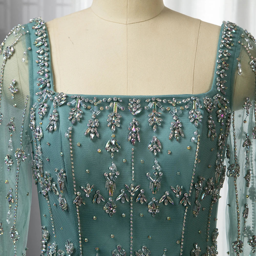 Serene Hill Muslim Turquoise Mermaid Elegant Evening Dresses Gowns 2024 Luxury Beaded Feather For Women Party LA71722