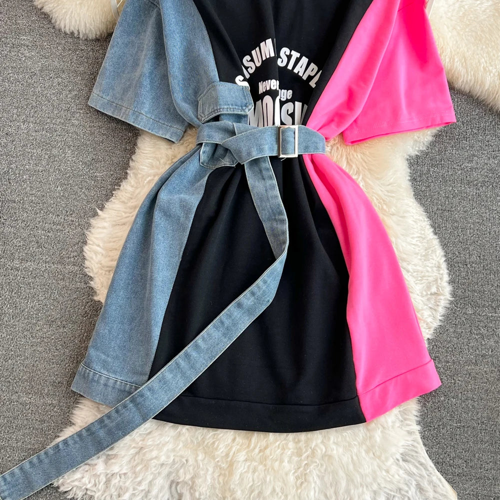 Women Summer Casual T Shirt Short Sleeve Streetwear Patchwork Denim Long Shirts Female O-neck Slim Jeans Tops