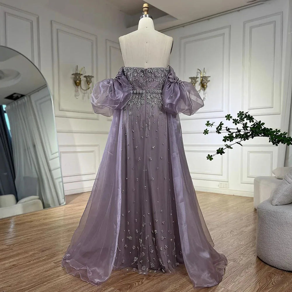Serene Hill Black Sexy Off the Shoulder Puff Sleeves Evening Dresses Beaded Overskirt Mermaid Party Gown For Women 2023 BLA72002