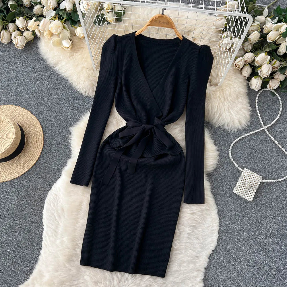 Women Long Sleeve V Neck Sexy Knit Bodycon Dress Chic Vintage Lace Up French Fashion Vestidos Party Elegant Fashion Dresses Y2k
