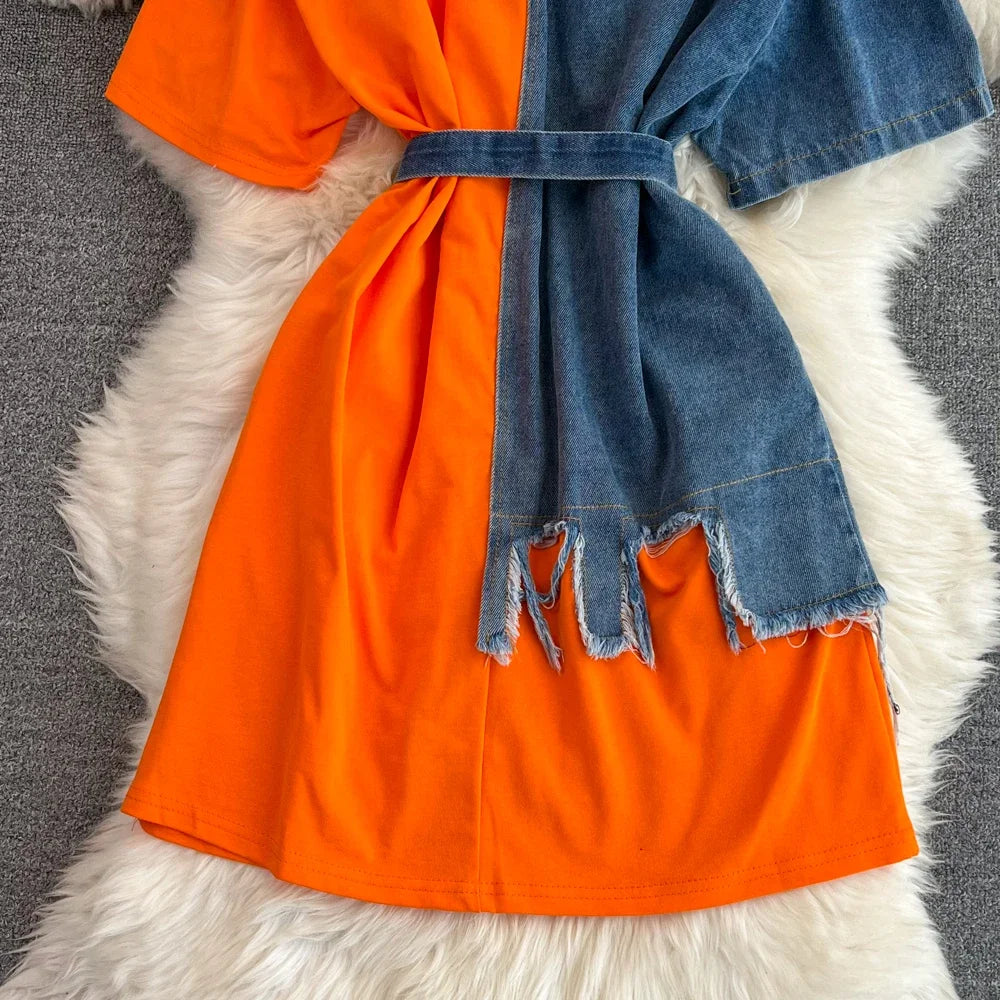 Women Summer Casual T Shirt Short Sleeve Streetwear Patchwork Denim Long Shirts Female O-neck Slim Jeans Tops