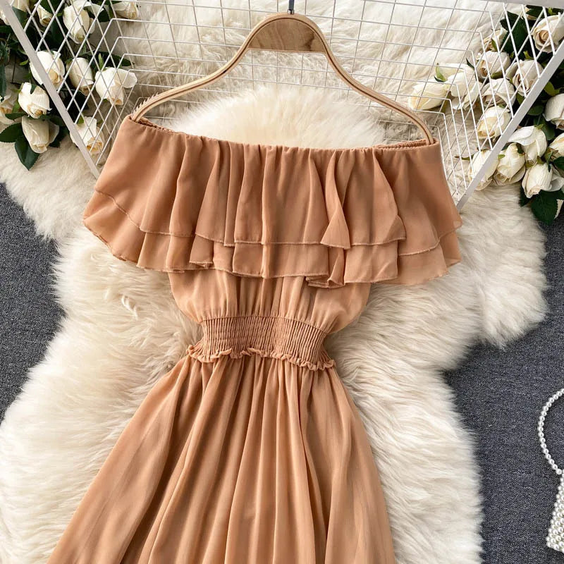 Women Chiffon Beach Dress Sexy Double Layer Ruffled Off The Shoulder Boho Dresses Ladies Sweet Slash Neck Long Dress