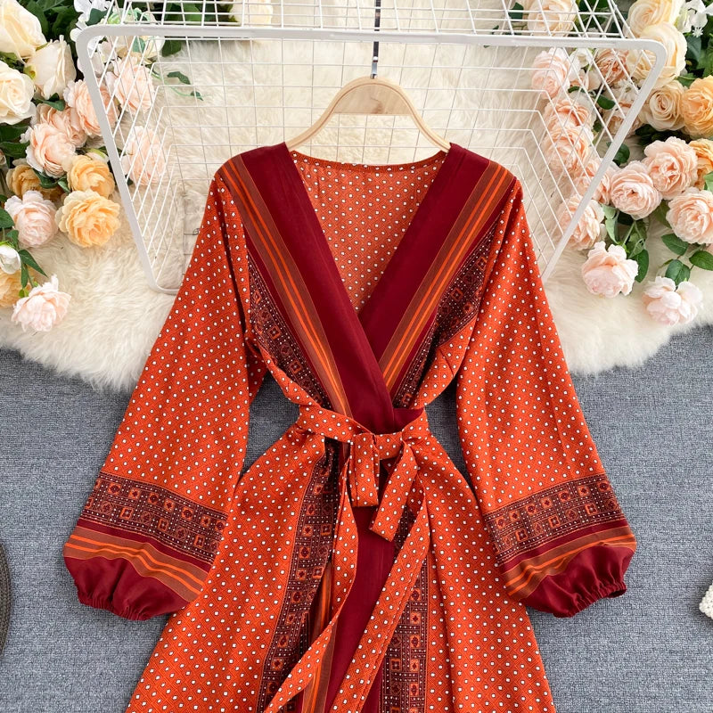 Vintage Print Elegant Puff Sleeve One Piece Dress A-line Lace-up Beach Vacation Midi Dress Women Fashion Spring Autumn Vestidos