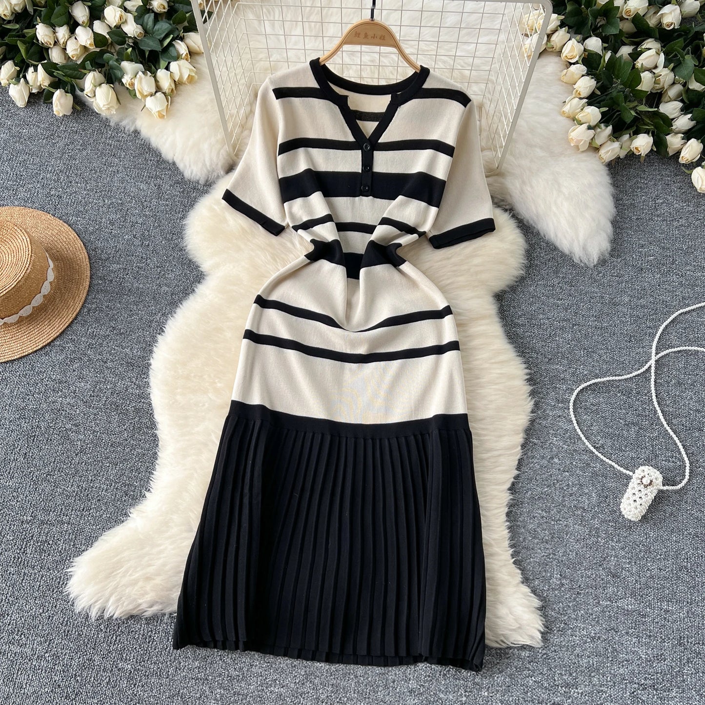 Sexy Chic short sleeve PATCHWORK v-Neck Striped Knit Dress Elegant Fashion Party Slim Summer A-line sweet dresses