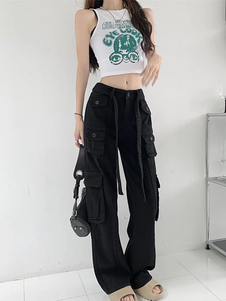 Women's High Waist Cargo Pants with Lace Belt Street Multi Pocket Straight Leg Casual Trousers Spring Autumn New Y2K Vintage