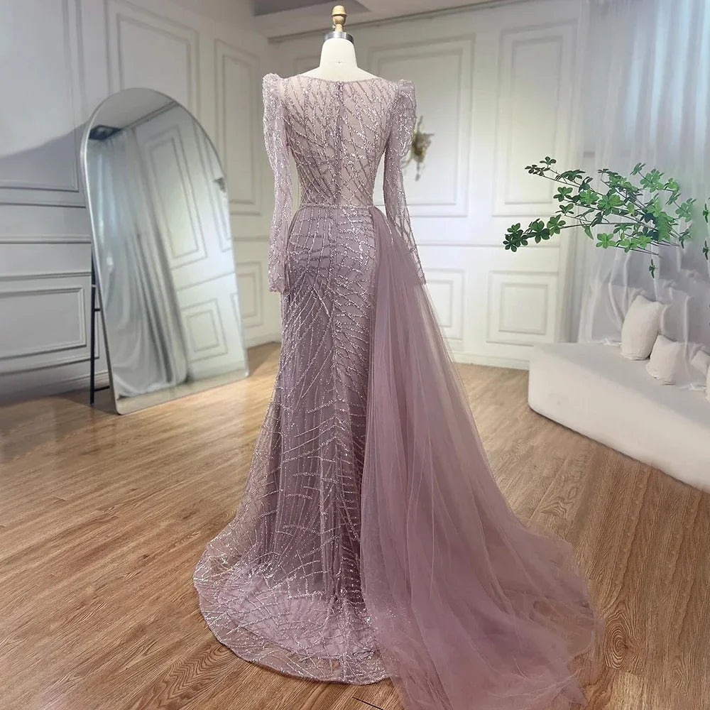 Serene Hill Muslim Gold Mermaid Beaded Luxury Dubai Evening Dresses Gowns With Overskirt 2024 For Women Party LA72206