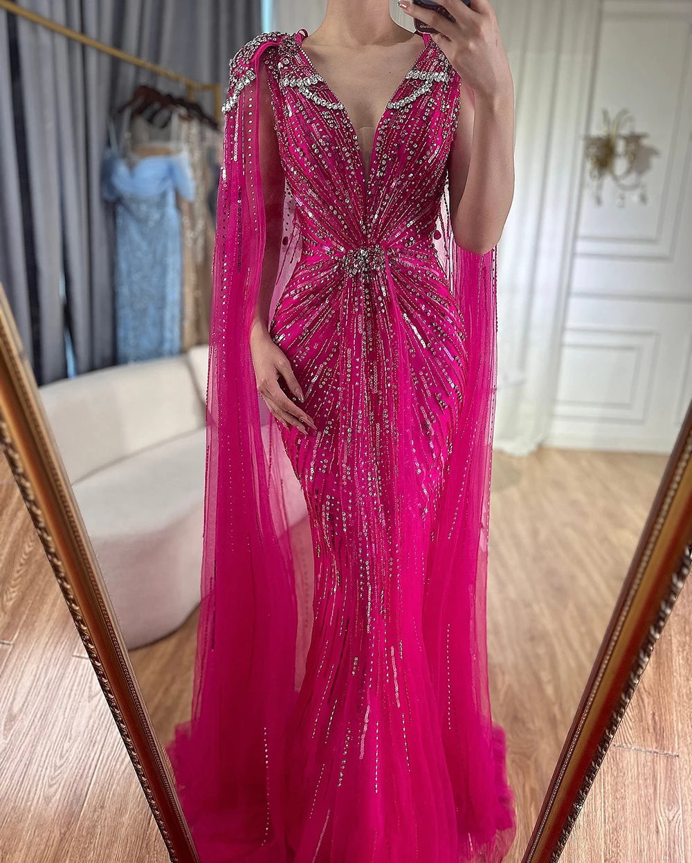 Serene Hill Turquoise Mermaid Evening Dresses Gowns 2024 with Beaded With Cape for Women's Wedding Party LA72168A