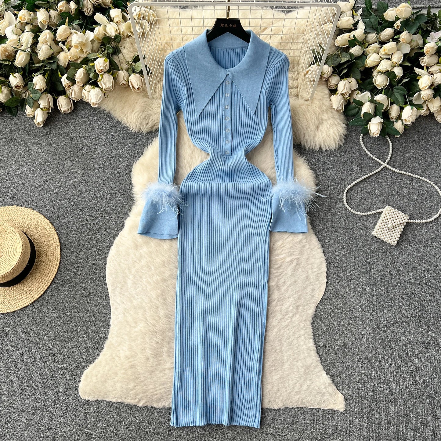 Elegant Turn-down Collar Feather Long Sleeve Knit Bodycon Pencil Dress Slim Fashion Sweater Vestido Sexy Women Winter Clothing