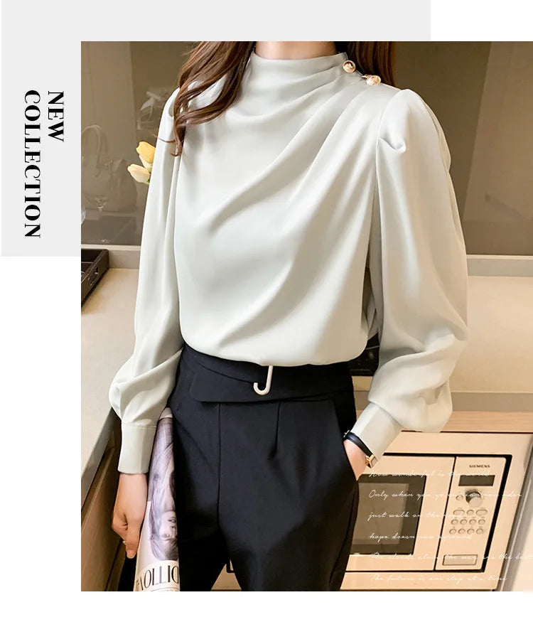 Autumn New Women's Style Stand up Collar Pleated Long Sleeve Top Fashion Lantern Sleeve Loose Elegant Solid Color Shirt Blouse
