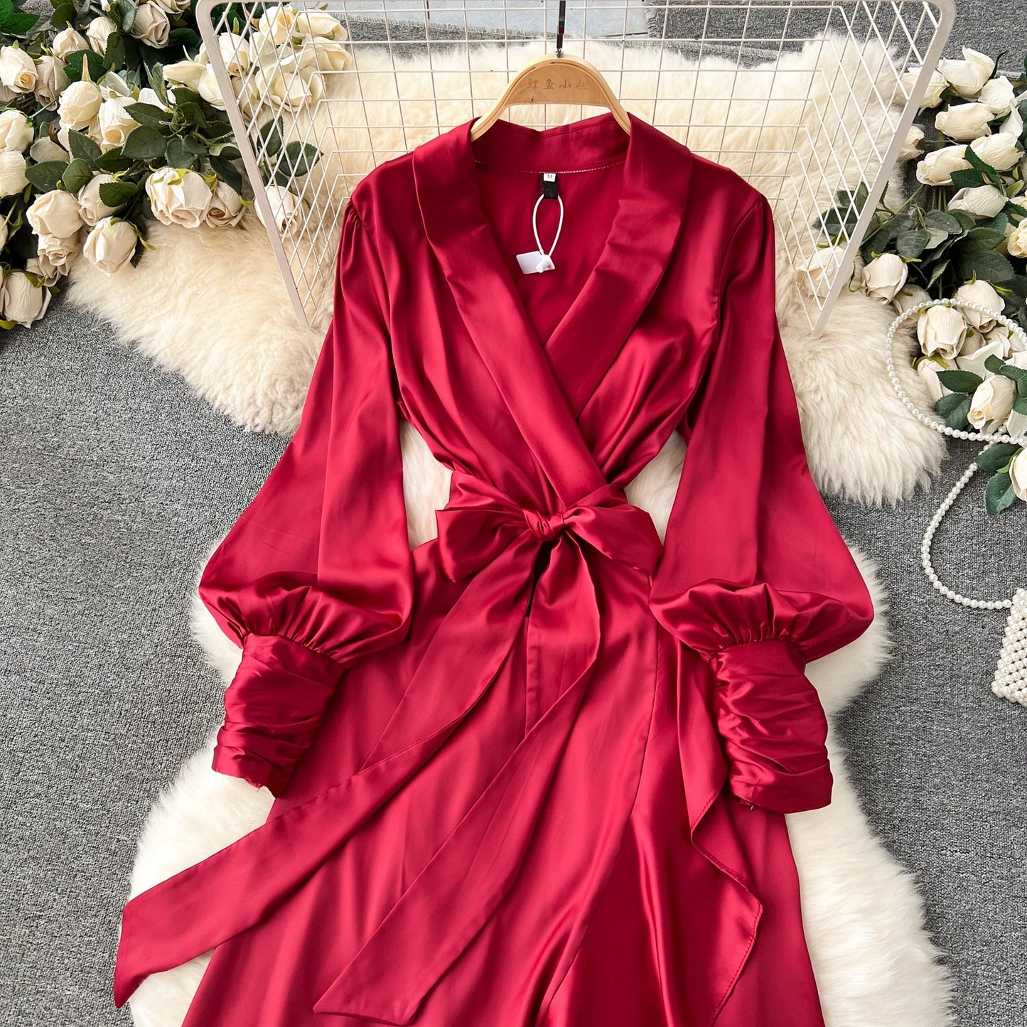 Women Elegant Satin Dress Summer Bandage High Waisted Ruffled Irregular Blazer Dresses Ladies A-line Vintage Party Long Robe