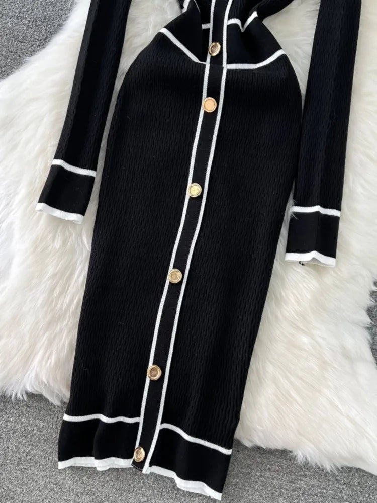 Women Elegant Bodycon Slim Party Knitted Dress Long Sleeve O-Neck Vintage Chic Prom Birthday Vestidos Autumn Female Long Robe