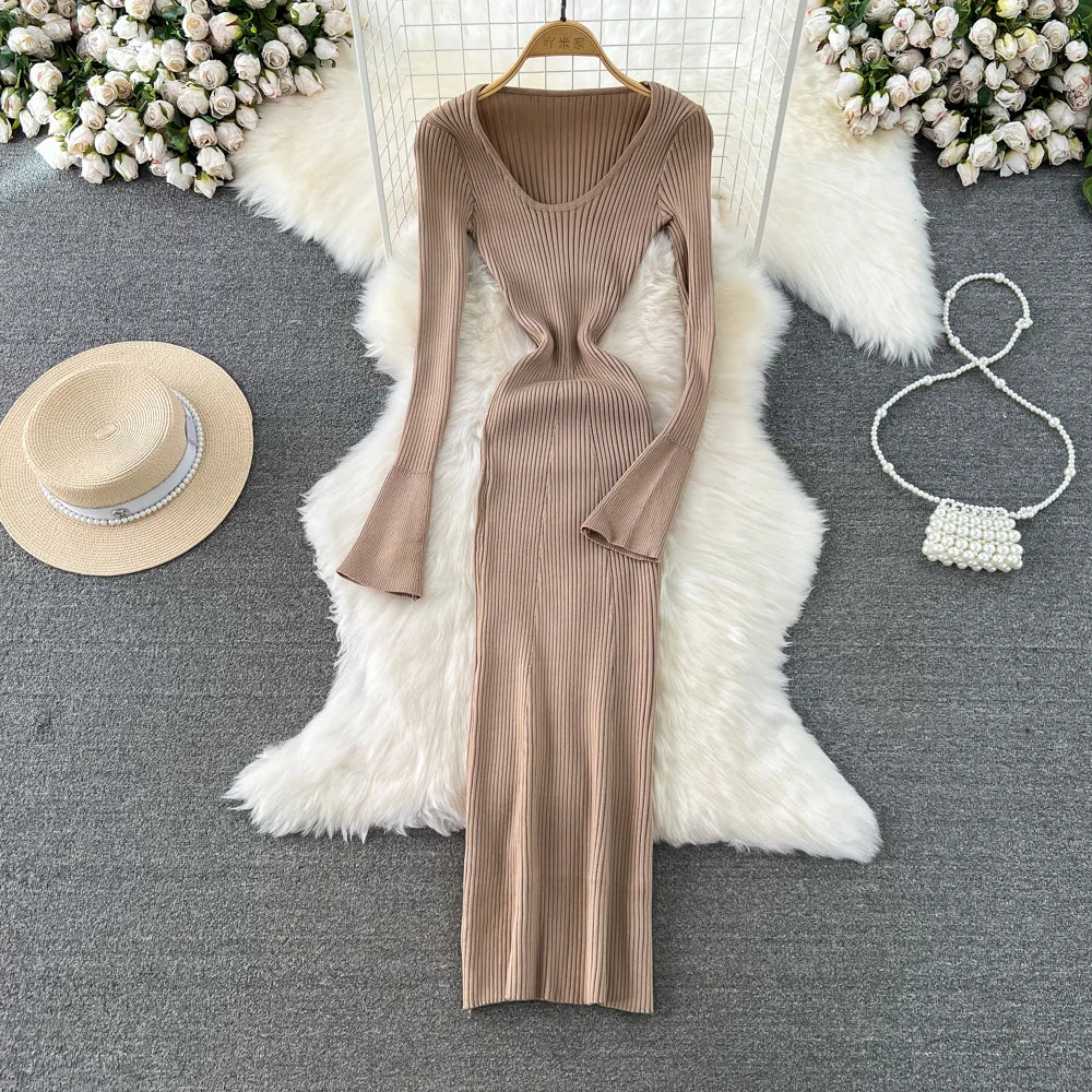 Women Chic Elegant Long Sleeve Bodycon Vneck Dress Sexy French Fashion Knit Wrap Vestidos Elastic Slim Pencil Sweater Dress