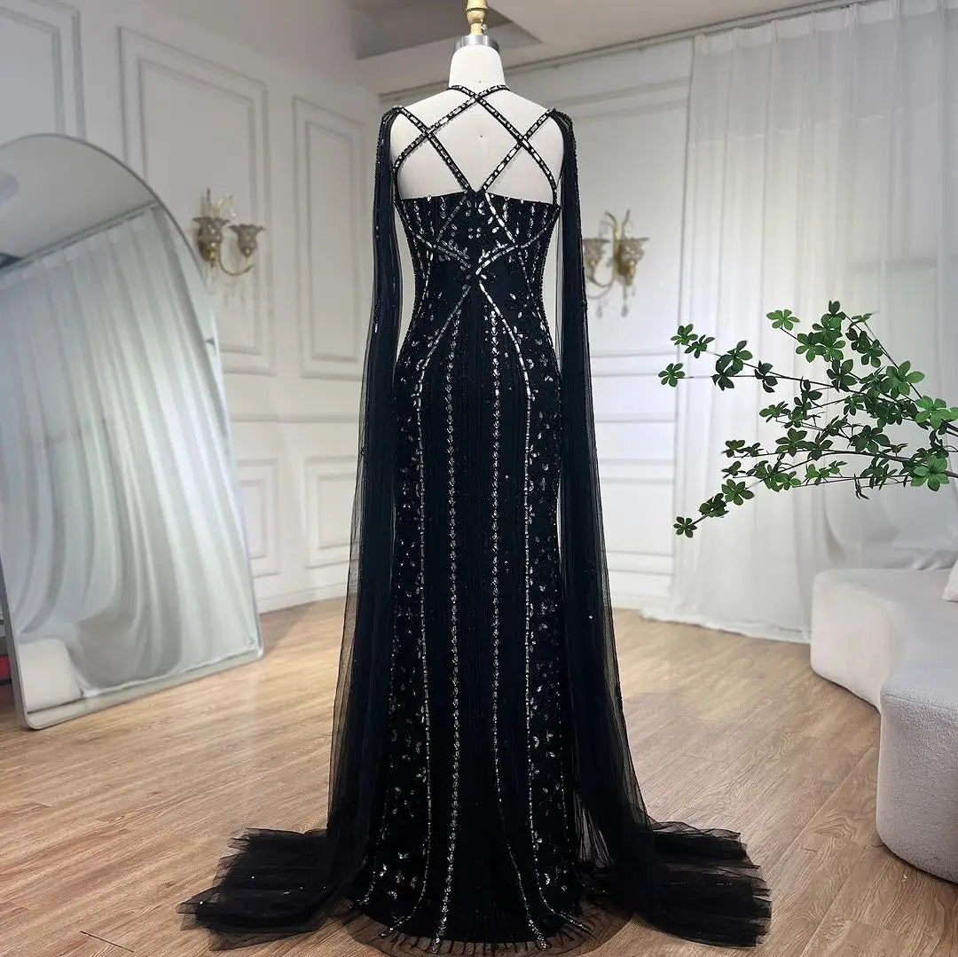 SERENE HILL Arabic Caramel Mermaid Elegant Cape Sleeves Beaded Luxury Evening Dresses 2024 Formal Gown For Women Party GLA71905A
