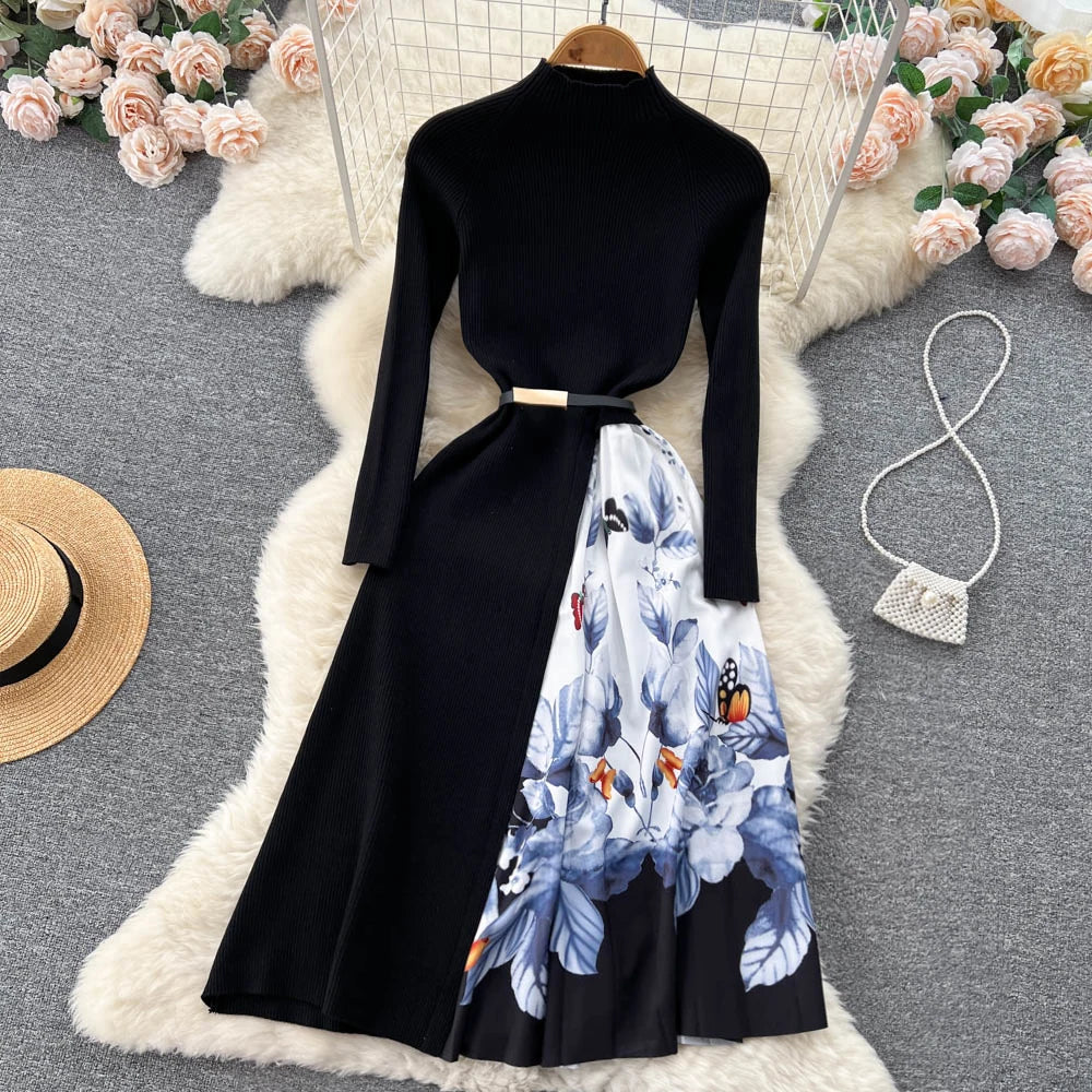 Elegant Chic Print Patchwork Knit Dress French Long Sleeve Party A-line Vestidos High Waist Basic Slim Women Autumn Winter Dress