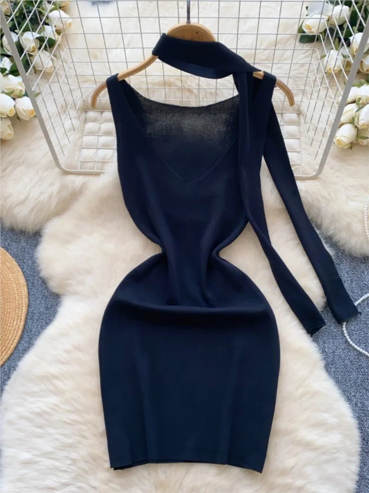 Sexy V-Neck Knitted Mini Dress for Women Elegant Spaghetti Strap Ribbon Slim Dresses One Piece Solid Female Clothes Autumn New
