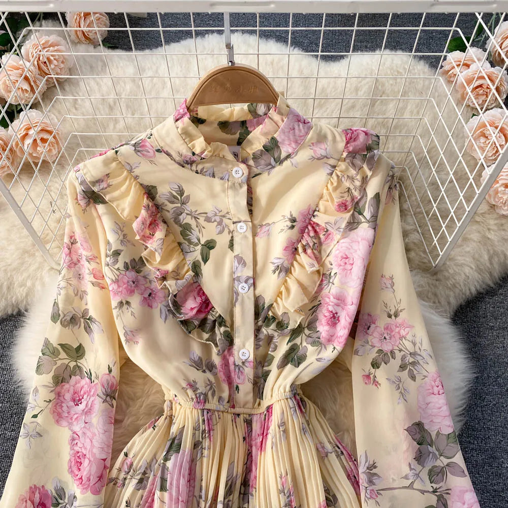 Retro Floral Print Pleated Elegant Chiffon Maxi Dress A-line Fashion Beach Vacation Party Dress Women Summer Spring Vestidos