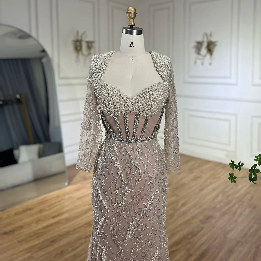 Serene Hill Dubai Luxury Pearls Beaded Nude Elegant Arabic Mermaid Evening Dress for Women - Wedding Party 2024 LA72361