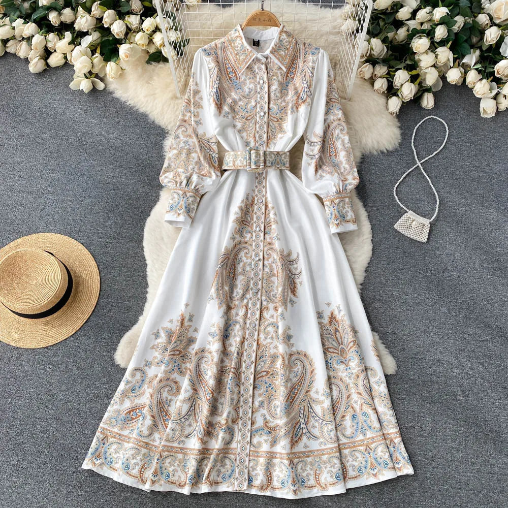 Retro Printed Party Dress Women Polo Collar Long Sleeve Elegant Long Dresses Spring Autumn French Single Breasted Shirt Dress