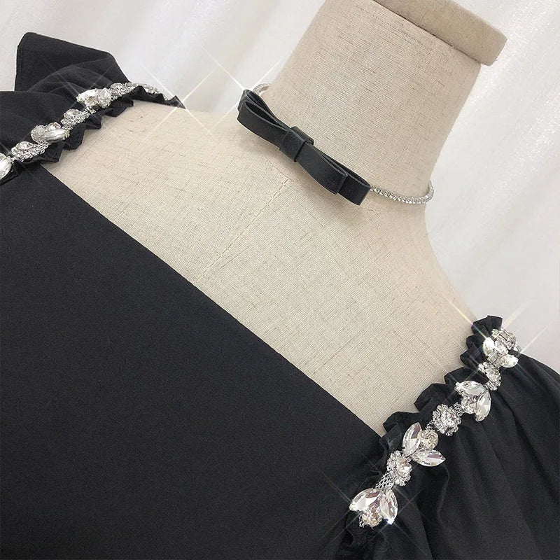 Heavy Industry Diamond Decorated Black Square Neck Cropped Shirt Women's Summer Elegant Temperament Waist Fold Bubble Sleeve Top