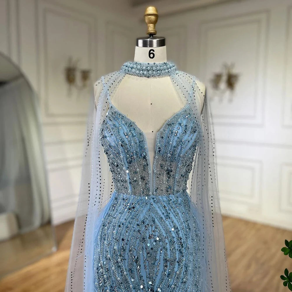 SERENE HILL 2024 White Nude Mermaid Beaded Feathers Luxury Evening Dresses Midi Gown With Cape For Women Wedding Party GLA72047A