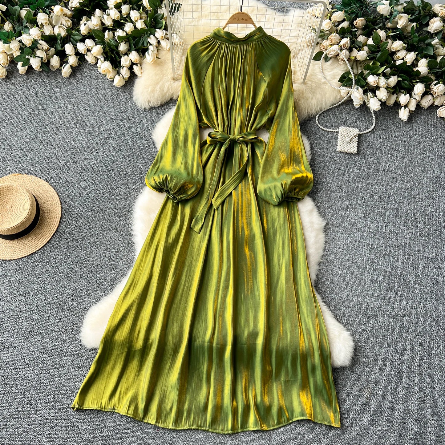 French Vintage Pleated lool sleeve print Lace-up Bow sweet Dress Casual Women Fashion summer dresses