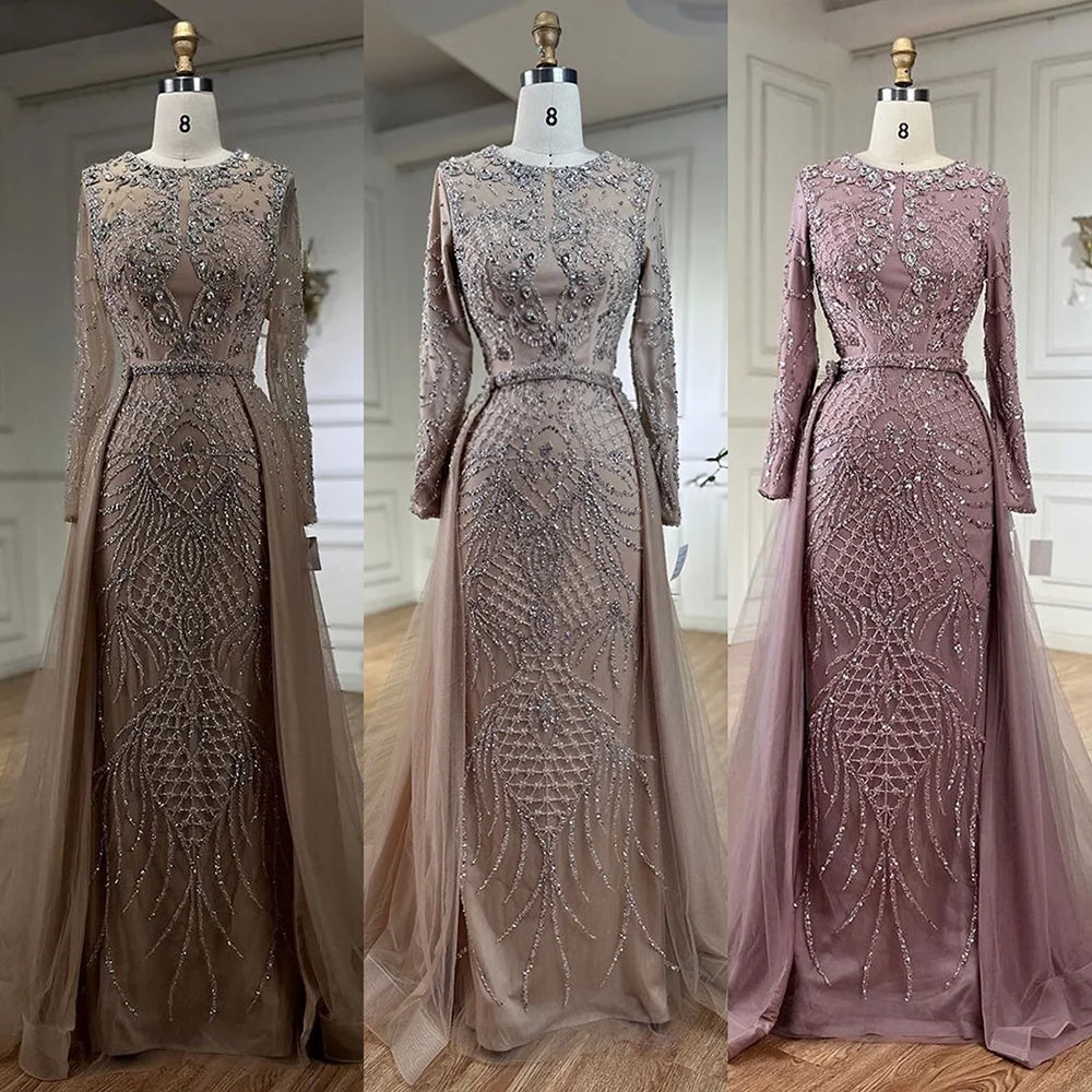 Serene Hill Muslim Silver Nude Mermaid Gown with Detachable Overskirt Beaded Evening Dress for Women Wedding Party 2024 LA71919