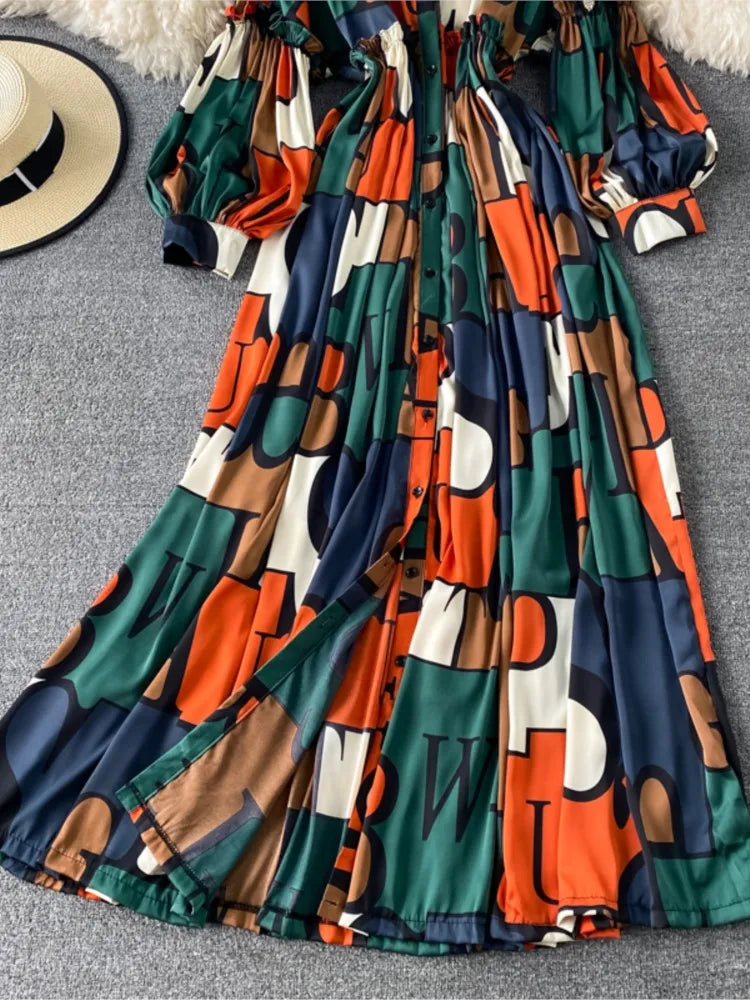 Vintage Women Casual Print Long Party Shirts Dress Elegant Single Breasted A-Line Prom Birthday Clothes Female Fashion Robe New