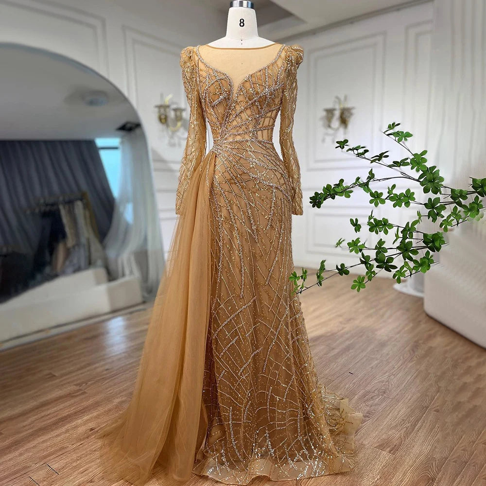 Serene Hill Muslim Gold Mermaid Beaded Luxury Dubai Evening Dresses Gowns With Overskirt 2024 For Women Party LA72206