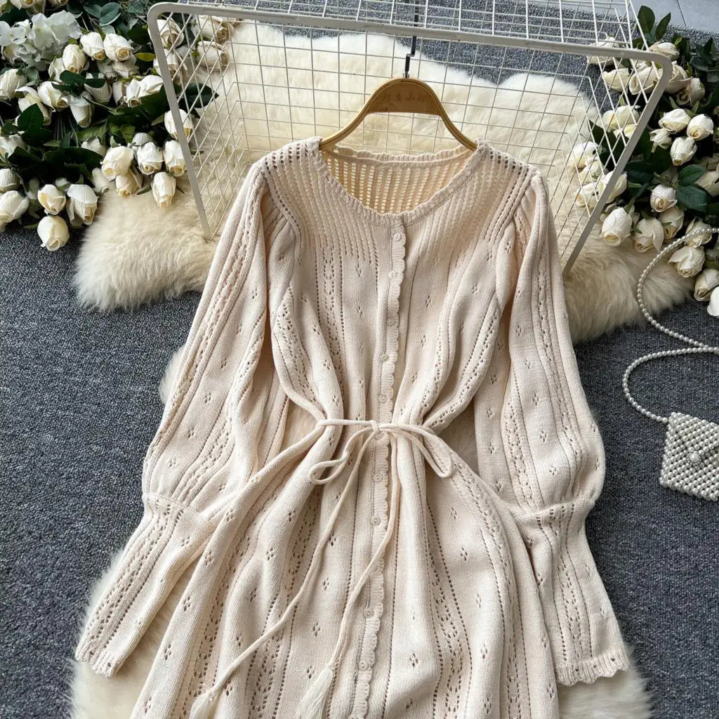 Elegant Autumn Solid Knitted Dresses for Women Sweet Hook Flower Hollow Strap A-line Korean Fashion Casual Vestidos Mujer New