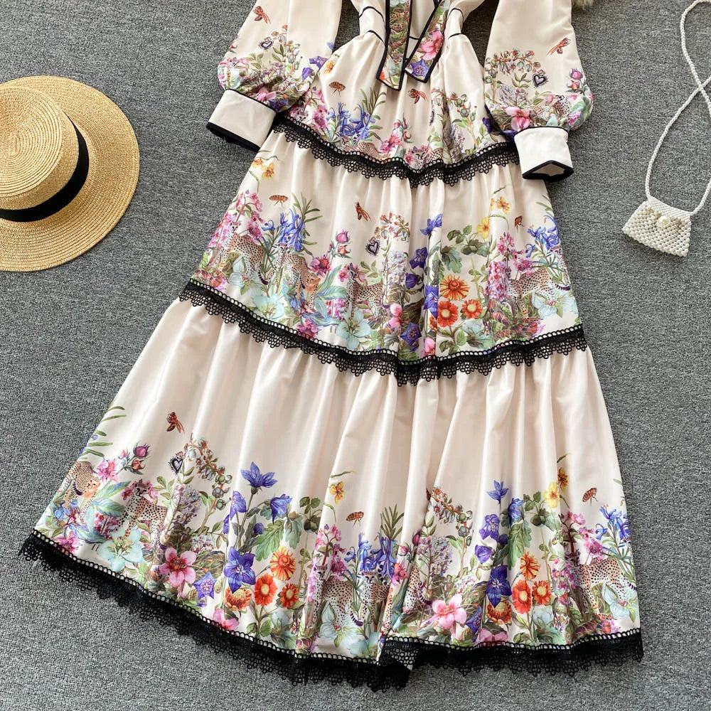Vintage Elegant Long Dress Women Slim Floral Printed Party Dresses Tie Bow Elastic Waist Lantern Long Sleeve Long Robe Vestidos