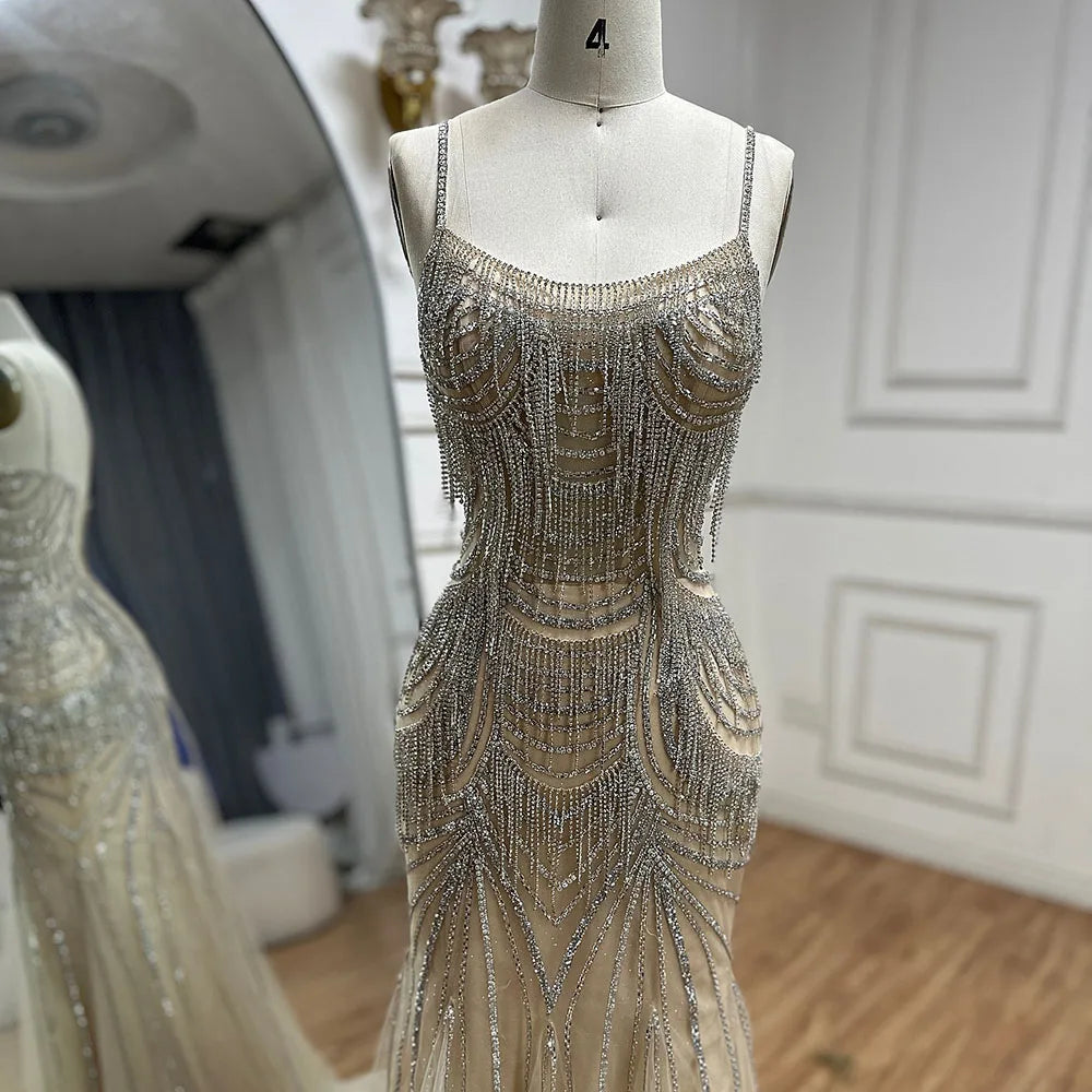 Serene Hill 2024 Silver Nude Spaghetti Strap Mermaid Evening Dress Gown with Luxury Beaded Tassels for Formal Occasion LA72772